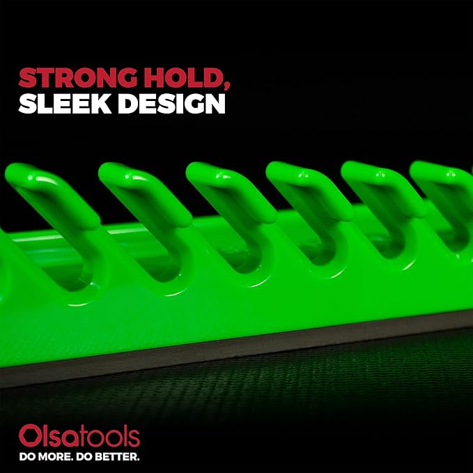 Olsa Tools Magnetic Wrench Organizer, Green - 15 Slot Wrench Holder Rack - SAE and Metric Wrench Storage Rail for Toolbox or Wall - Scratch Free Rubberized Magnetic Base - Part: 1875