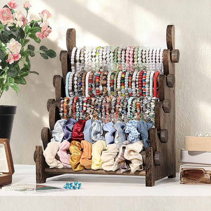 TOPNEW 5 Tier Wooden Bracelet Holder, Scrunchie Bangle Watch Necklace Display Storage Jewelry Holder Stand Display Organizer, Brown