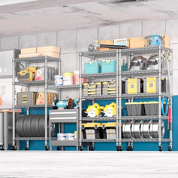 PrimeZone 75" H Wire Shelving 5 Tier Slim Steel Storage Metal Shelves with Wheels,Adjustable Kitchen Utility Shelving Unit,Pantry Rack Rolling Metal Shelf Chrome 24" Wx18 Dx75 H