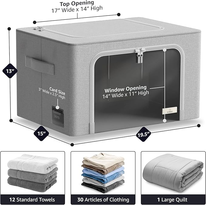 Sorbus Storage Bins with Metal Frame - Stackable & Foldable Clothes Organizer Bags - Oxford Fabric Storage Containers with Large Clear Window & Carry Handles Organization for Bedding Linen & Clothing