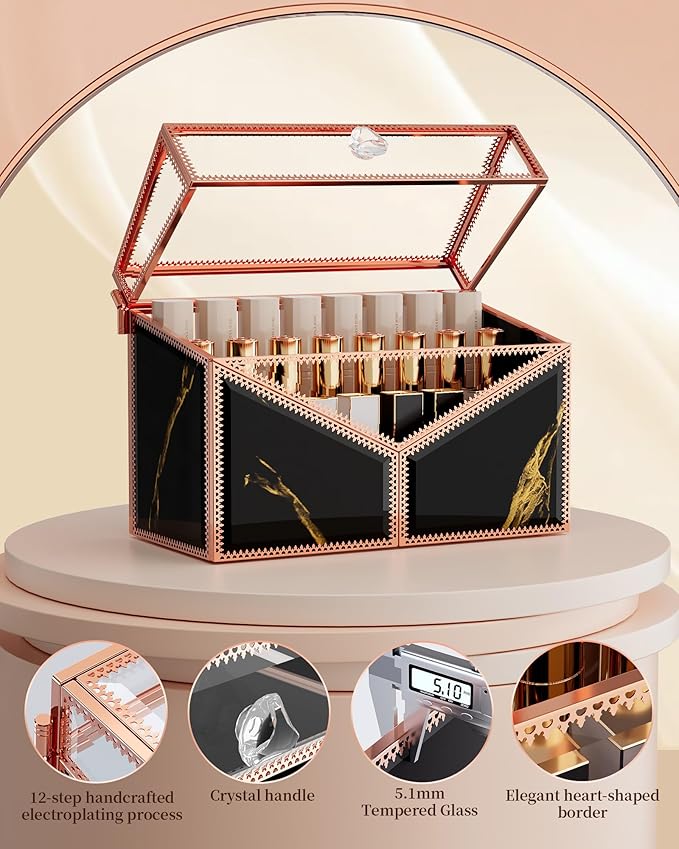 Lipstick Organizer Lipstick Holder - 24 Spaces, Tempered Glass Lip Gloss and Perfume Organizer,Vanity Lipstick Holder and Organizer.Black