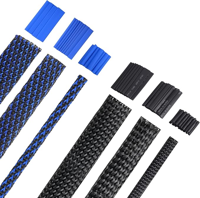 Xuniea 96ft Wire Loom Braided Cable Sleeve Covers Cord Management with 127 Pcs Tube Heat Shrinkable for Audio Video Cable Cord Protectors from Pets(1/4, 1/2, 3/4 Inch,Black and Blue)