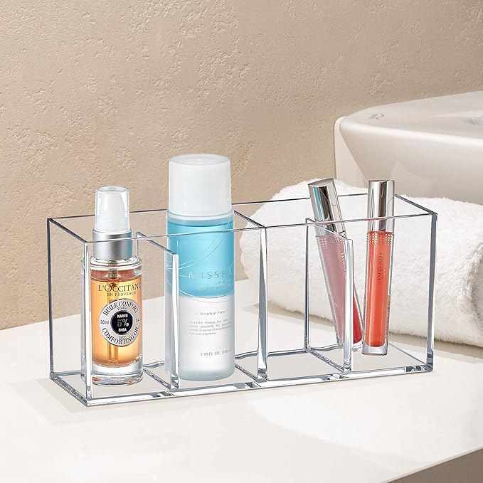 Amazing Abby - Glamour - 2-Pack Acrylic 4-Compartment Makeup Organizer, Transparent Plastic Makeup Brush Holder, Perfect Bathroom Vanity Storage Solution for Makeup Brushes, Eyebrow Pencils, and More