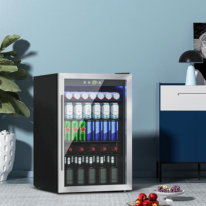 4.5 Cu.ft Beverage Refrigerator Cooler, 145 Can Mini Fridge with Glass Reversible Door, Digital Temperature Display for Soda, Beer or Wine For Office or Bar with Adjustable Removable Shelves