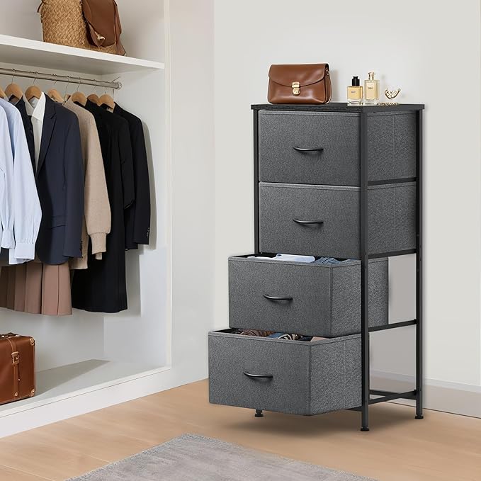4 Fabric Drawer Dresser for Bedroom, Chest of Drawers with Waterproof Wood Top Tall Dresser for Hallway, Living Room, Kid Room (Grey and Charcoal Black)