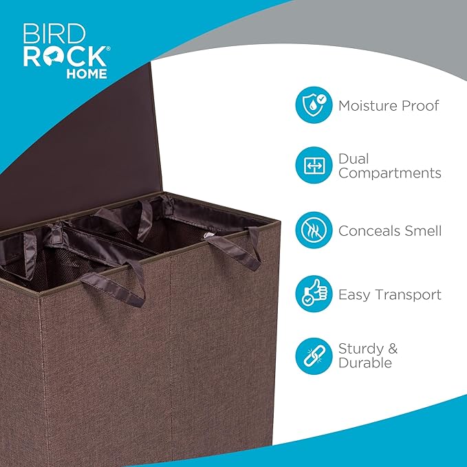 BIRDROCK HOME Laundry Hamper with Lid | Removable Bags for Sorting Clothes | Sectioned Laundry Basket for Bedroom & Bathroom | Collapsible Storage Bin with Cover | Double, Brown