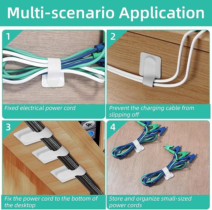 100Pcs Hook and Loop Cable Straps, Adhesive Wire Management Appliance Cord Organizer Self Adhesive Cable Ties for Kitchen Office Household Essentials, Easily Organize Desktop Wires (White)