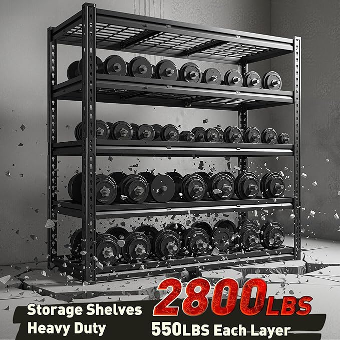 REIBII 2800LBS Garage Shelving 48.2" W Storage Shelves Heavy Duty 5-Tier Adjustable Matel Shelving Easy Assembly Storage Shelf for Garage Basement Warehouse Pantry, 48.2" W X 17.8" D X 72.2" H