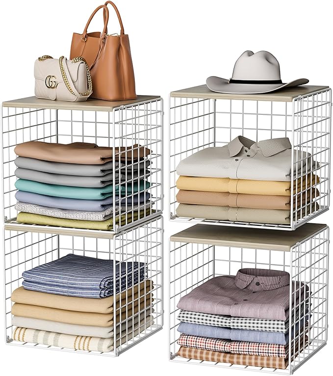 4 Pack Closet Organizers and Storage with Wood Top, Stackable Closet Shelf Organizer, Double Storage Design, Clothes Storage Basket/Cube Organizer for Wardrobe, Sturdy, White (Patent Pending) ﻿