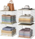 4 Pack Closet Organizers and Storage with Wood Top, Stackable Closet Shelf Organizer, Double Storage Design, Clothes Storage Basket/Cube Organizer for Wardrobe, Sturdy, White (Patent Pending) ﻿