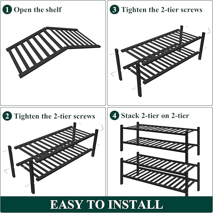 Smiry Bamboo Shoe Rack for Closet, 4 Tier Wooden Stackable Shoe Organizer, Free Standing Shoes Storage Shelf for Entryway, Front Door Entrance, Black