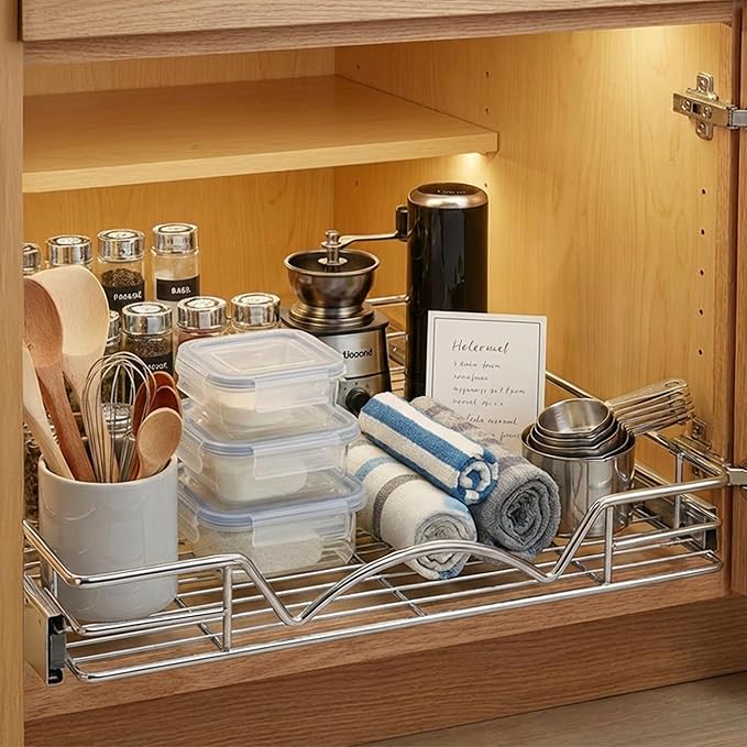 HOLDN’ STORAGE Pull Out Cabinet Organizer, Heavy Duty Caddy w/Lifetime Limited Warranty -14”W x 21”D - Requires At Least 15-1/4” Cabinet Opening, Steel Metal Cabinet Drawers Slide Out, Chrome