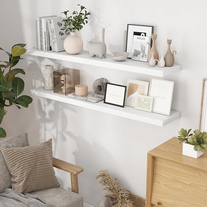 Fun Memories White 55Inch Floating Shelves for Wall 1 Pack Shelves for Bedroom|Kitchen|Bathroom Wall Mounted Rustic Wood Floating Shelf with Invisible Brackets for Books|Storage|Decor