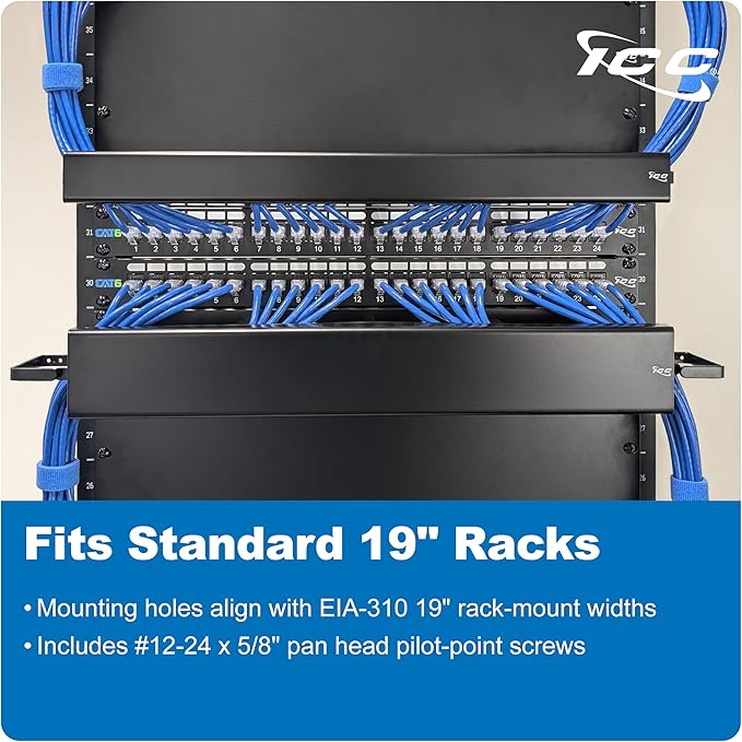 ICC 2U Ring Cable Manager Panel with Cover, Metal, 3" D-Rings, Horizontal and Vertical Cable Management, Rackmount for 19” Network Racks, Black, Single Pack
