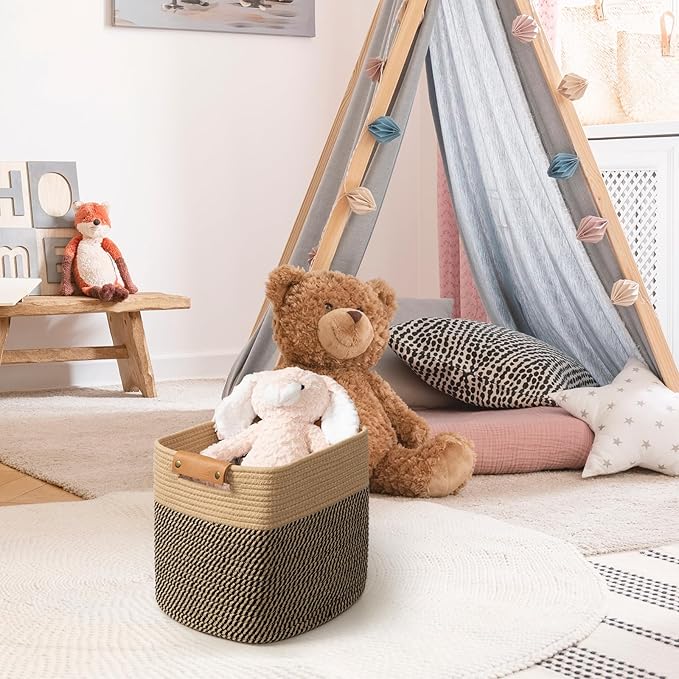 danpinera 3-Pack Cotton Rope Baskets for Storage, 11"x11" Cube Storage Cubes Store Towel, Snack, Storage Bins with Reinforced Stitching & Practical Handles, Black & Brown