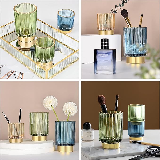 DASITON Makeup Brush holder Organizer,Crystal Cosmetic Makeup Brush Glass Brushes Storage Holder, Vintage Make Up Brush Cup Pen Pencil Holder striped vase(Green S)