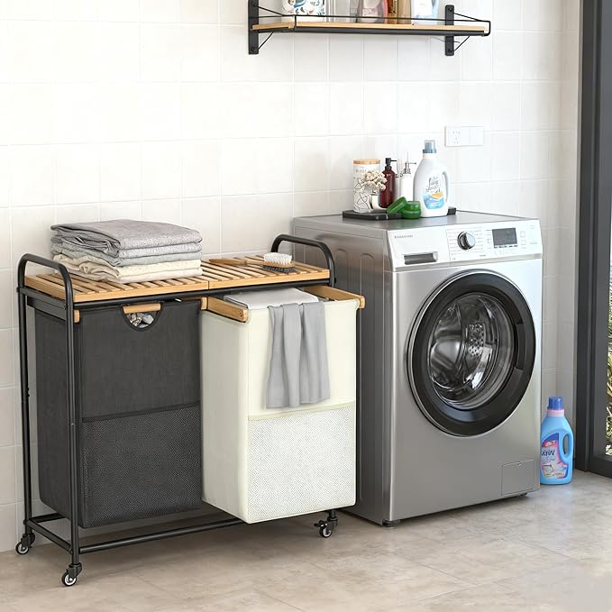 Laundry Sorter 2 Section, Laundry Hampers with Removable Shelf and Pull-Out Bags, Rolling Cart Clothes Hampers Basket with Wheels for Laundry Room Bathroom, 2 x 46 L