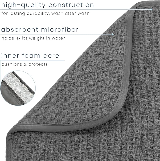 S&T INC. Dish Drying Mat 2 Pack, 16” x 18”, Absorbent Microfiber Kitchen Counter Mat, Dish Drying Pad for Dishes, Utensils, Pots and Pans, Large, Charcoal Grey