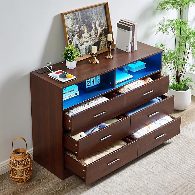 LIDYUK Dresser for Bedroom, Wood Dresser with 6 Drawers, Modern Minimalist Dressers & Chest of Drawers with Charging Station & LED Lights, 48 Inches TV Stand for Bedroom, Living Room, Dark Cherry