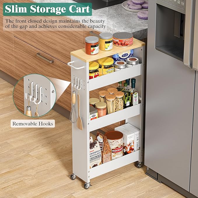 Slim Storage Cart, 4-Tier Kitchen Rolling Cart Narrow Storage Cabinet with Handle & Wheels, Metal Rolling Shelf Unit for Kitchen Bathroom Laundry Small Places (5.9IN White/Natural)