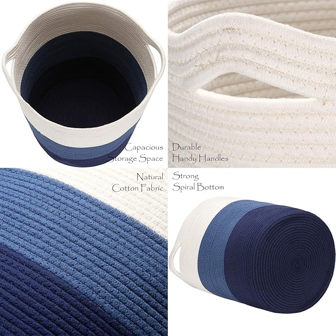 Sea Team Large Size Cotton Rope Woven Storage Basket with Handles, Laundry Hamper, Fabric Bucket, Drum, Clothes Toys Organizer for Kid's Room, 20 x 14 inches, Round Open Design, White & Navy