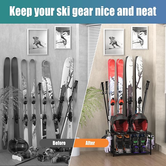 Freestanding Ski Holders for 4Pairs of Skis Ski Boot, Poles,Goggles, Helmet and More,Storage Rack for Garage, Heavy Duty Steel Floor Stand Ski Organizer for Garage Basement(Double-Layer storage shelf)