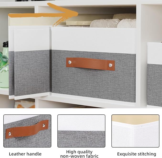 Storage Bins, 16.1 × 9.8 × 6.5 Inch Storage Cubes with Handles, Closet Organizers for Organizing Shelves, White and Grey, 6-Pack