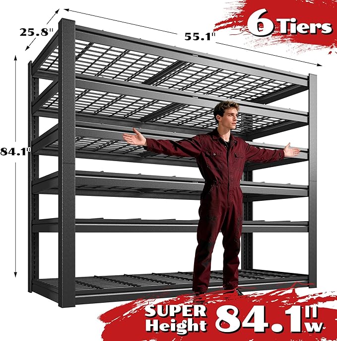 55.1" W Metal Shelving 6 Tier Garage Shelving 3660LBS Storage Shelves Adjustable Garage Shelves Industrial Metal Shelf for Basement Warehouse Shop Supermarket 55.1" W x 25.8" D x 84.1" H