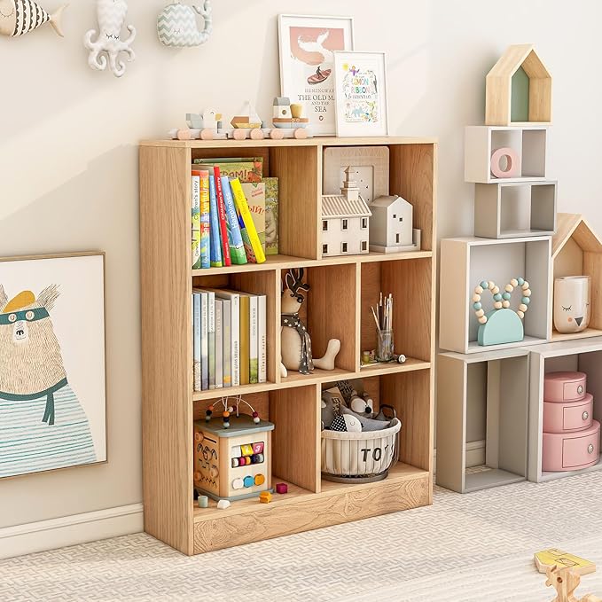 Giantex 7 Cube Bookcase, 4-Tier Freestanding Bookshelf w/ 7 Open Compartments, 2 Anti-Tipping Kits, Modern Display Cabinet, 41" Wood Cubby Storage Organizer for Living Room, Bedroom, Natural