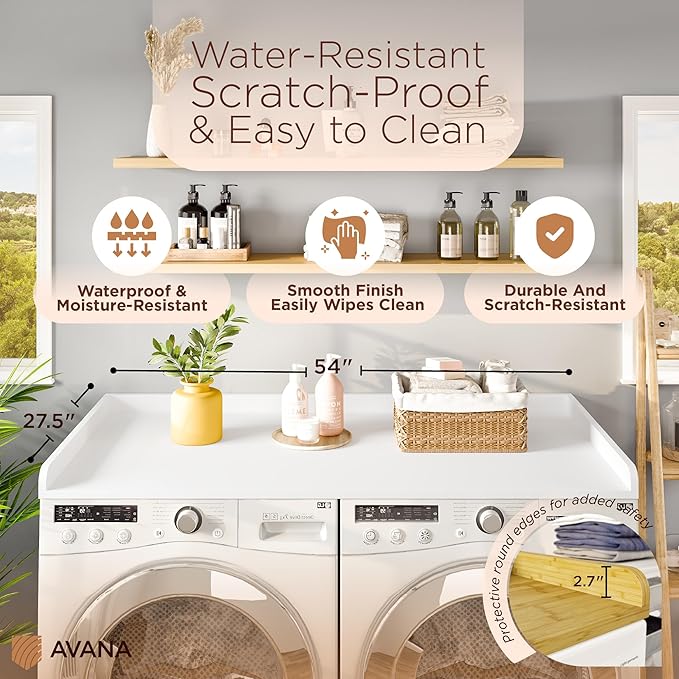Avana (100% Natural Solid Wood Washer Dryer Countertop – White Pine Laundry Countertop with Raised Edges, 54” x 27.5” Counter Top for Washer and Dryer, Laundry Room Organizer & Tabletop