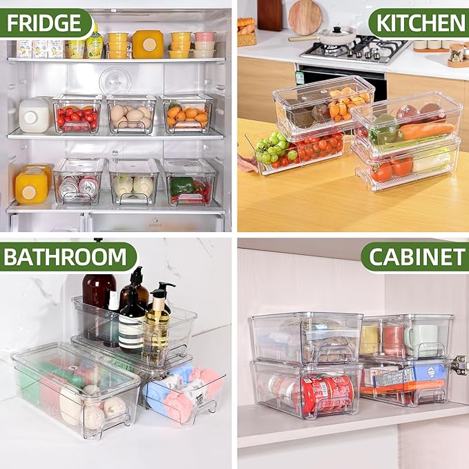 Large Fridge Organizer Drawers, 4 Pack Stackable Fruit and Vegetable Storage Containers, Clear Pull-Out Refrigerator Organizer Bins for Kitchen, Refrigerator, Pantry, Cabinet, Freezer