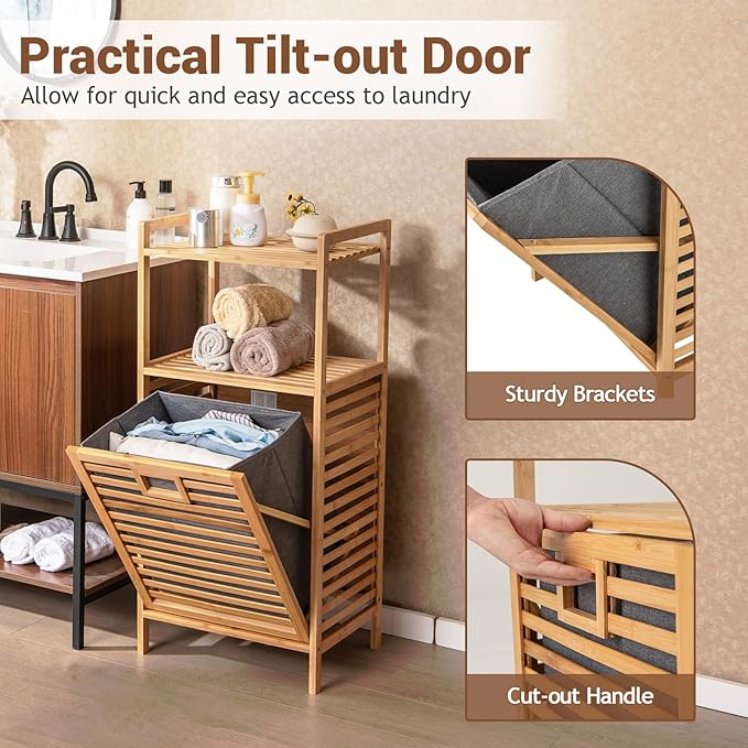 GOFLAME Tilt-out Laundry Hamper with 2-Tier Shelves, Bamboo Laundry Baskets Organizer with Removable & Foldable Fabric Liner, Bathroom Storage Shelf Cabinet for Laundry Room, Bedroom