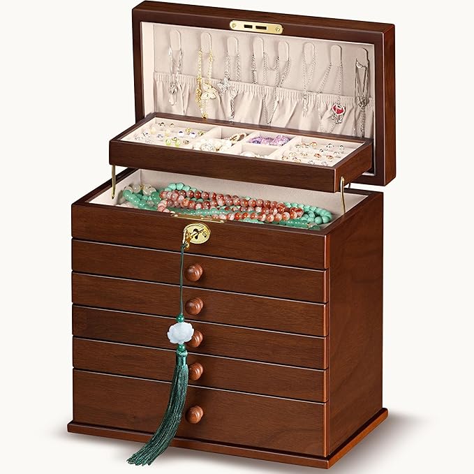 Jewelry Boxes and Organizers - Large Wooden Lockable Cabinet with Key, 8-Layer dresser top jewelry organizer, Vintage Jewelry box for Women and Men GiftIdea
