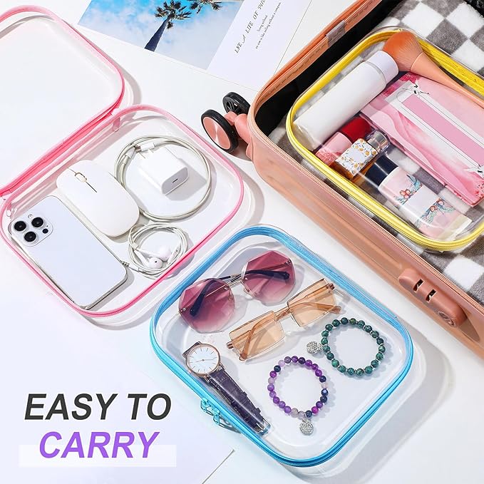 Sanwuta 6 Pcs Clear Hard Zipper Case Hard Plastic Zipper Pouches Transparent Makeup Bag Pencil Pouches for Travel Snacks Christmas Trinket Storage Organizer Box(Colorful,9.84 x 7.87 x 2 Inch)