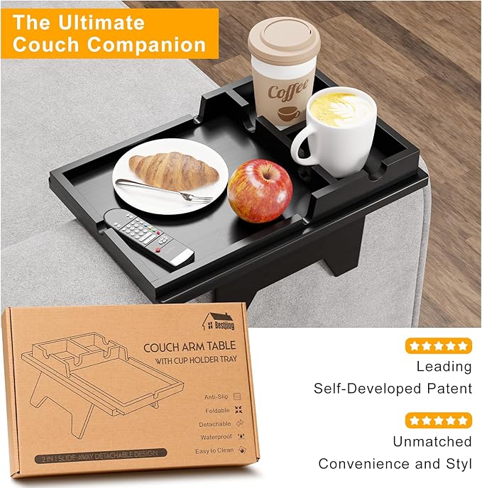 Black Couch Cup Holder Tray - 2 in 1 Couch Armrest Table with Be Slide-Away Detachable Double Holder - Foldable Sofa Armchair Caddy for Drinking Snacks iPad TV Remote