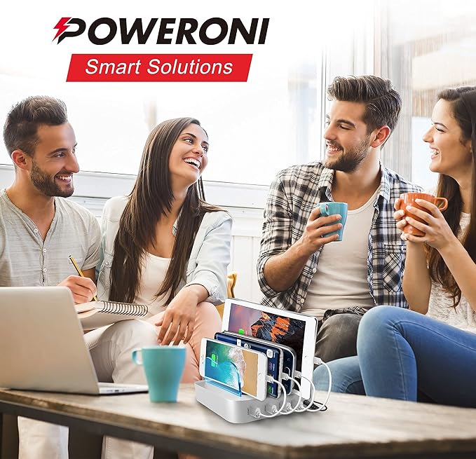 4 Port USB Charging Station - Charging Dock for Multiple Devices - Multi Device Charger Station - Compatible with Apple, iPad, iPhone, and Android - Universal Charge Rack for Phones and Tablets
