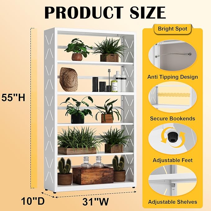 5 Tier Bookcase,Industrial Bookshelf,55" White Metal Tall Bookshelf with Adjustable Feet and Adjustable Shelves,Home Office Bookcase Shelf Storage Organizer for Living Room、Kitchen