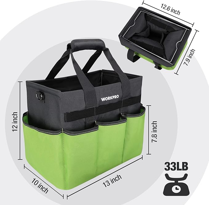 WORKPRO Garden Tool Bag Organizer, Heavy Duty Gardening Tote Bag with 10 Pockets and Long Adjustable Shoulder Strap, Standable Garden Home Tool Kits Organizer, Green (Tools are not included)