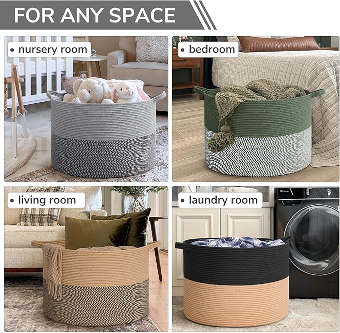 INDRESSME 115L Extra Large Blanket Basket, Cotton Rope Basket for Nursery Living Room, Decorative Woven Storage Baskets with Handles for Dirty Clothes, Toy Bin For Dog Toys, Grey