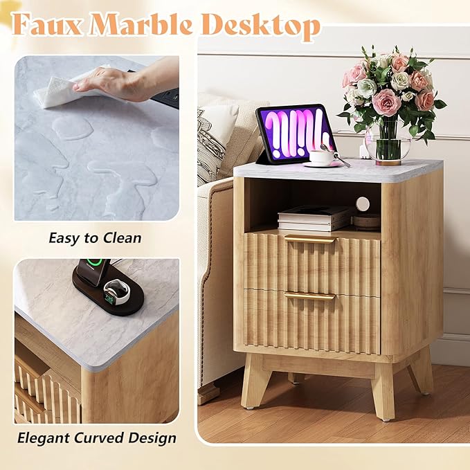 AMERLIFE Fluted Nightstand with Charging Station and Faux Marble Top, 18" Modern Bedside Table with 2 Drawers and Metal Handle, Side Table for Bedroom, Living Room, Natural Oak