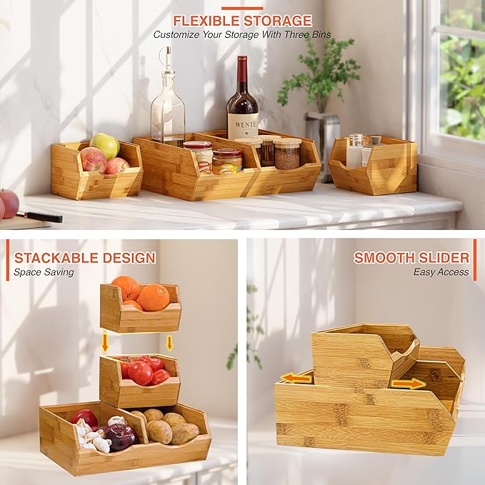 HOMESTEAD Bamboo Pantry Storage Bins - Stackable Baskets, Potato and Onion Storage for Pantry Organization, Set 3 Pieces
