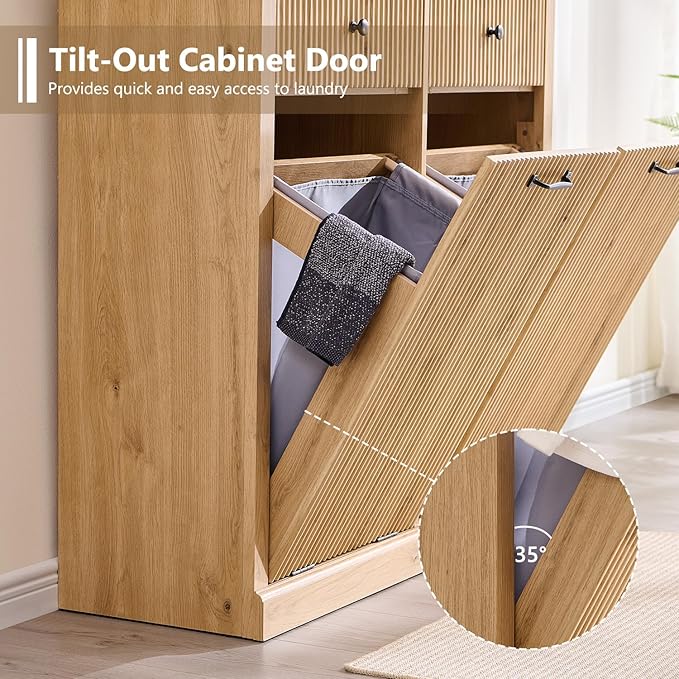 Modern Double Tilt-Out Laundry Hamper Cabinet, 20 Gallon Fluted Trash Can Cabinet with 2 Drawers, Wooden Hidden Garbage Can Cabinets with Laundry Basket, for Bathroom and Kitchen, Natural Oak