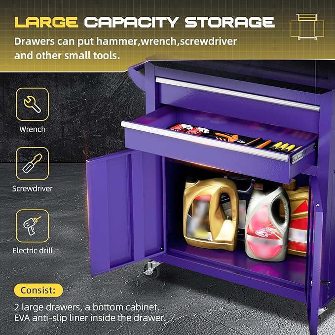 8-Drawer Rolling Tool Chest with Lock, Detachable Tool Cabinet Cart with Wheels, High-Capacity Mechanic Tool Organizer for Garage Workshop Warehouse Storage(Purple)