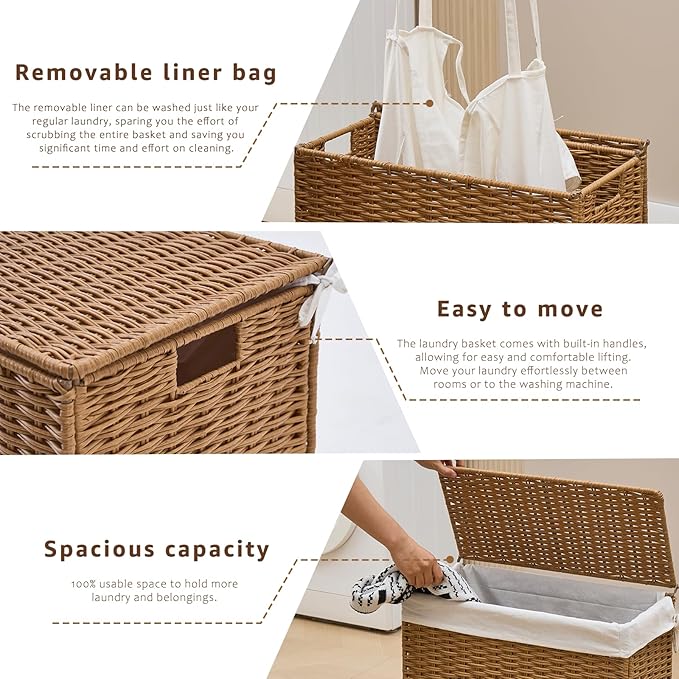 Slim Wicker Laundry Hamper with Lid, 55L Handwoven Rattan Basket with Handles, Narrow Laundry Basket with Removable Liner Bag & 2 Mesh Bags