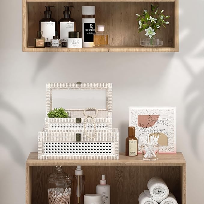 Rattan Decorative Box,Boho Display Boxes with Lids,Set of 2 Rectangular Wicker Storage Decoration,Natural Woven Cane Bins for Home Decor for Rustic Farmhouse(White)