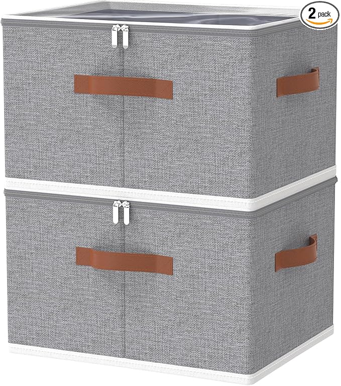 OUTBROS Large Storage Bins with Lid, Foldable Bags, Wardrobe Organiser with Handle and Zipper, Used for storing clothes, blankets, pillows, 19.7 x 15.7 x 11.8 inch, 2-Pack
