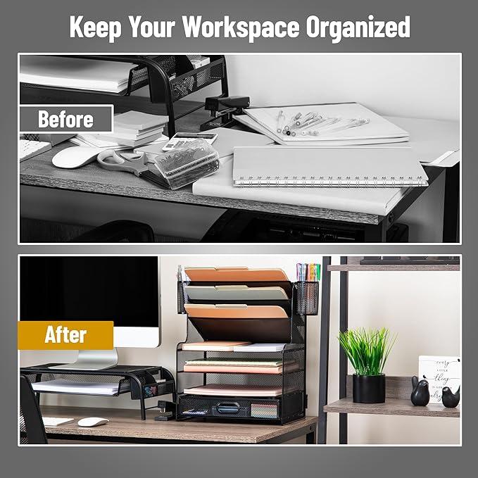 Mind Reader Mesh Desk Organizer, 6 Compartments, 1 Drawer, 2 Pen Cups, Office Desktop Organizer, Metal Mesh, Black