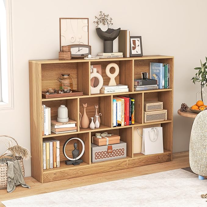 Giantex 10 Cube Bookcase, 4-Tier Freestanding Bookshelf w/ 10 Open Compartments, 2 Anti-Tipping Kits, Modern Display Cabinet, 41" Wood Cubby Storage Organizer for Living Room, Bedroom, Natural