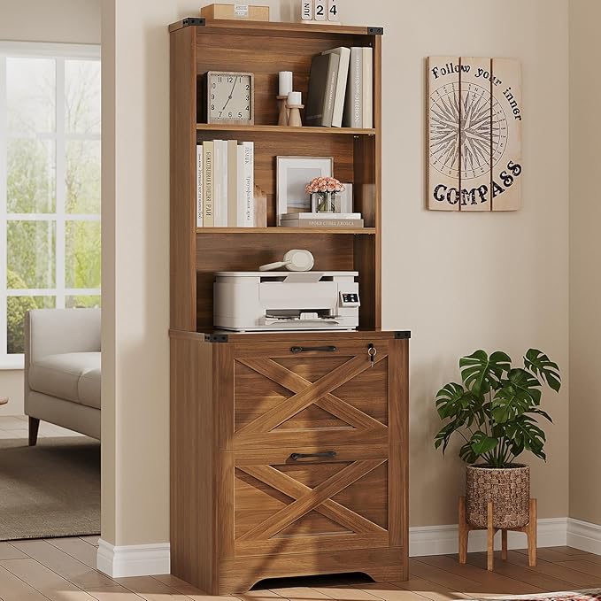 SEDETA 2 Drawer File Cabinet with Lock, Wood Filing Cabinet fits Letter, Legal, A4 Size, Hanging File Folders, Farmhouse File Cabinets for Home Office with Adjustable Storage Shelf (Brown)