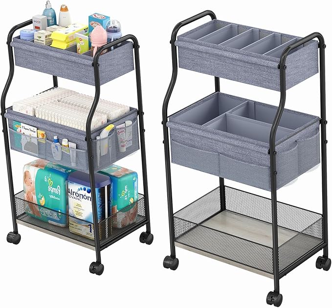 3-Tier Baby Diaper Caddy Organizer and Storage Cart, Mobile Metal Utility Cart with Rolling Wheels for Nursery Essentials with 4+2 Dividers, Large Capacity Rolling Cart For Kitchen, Bathroom, Office